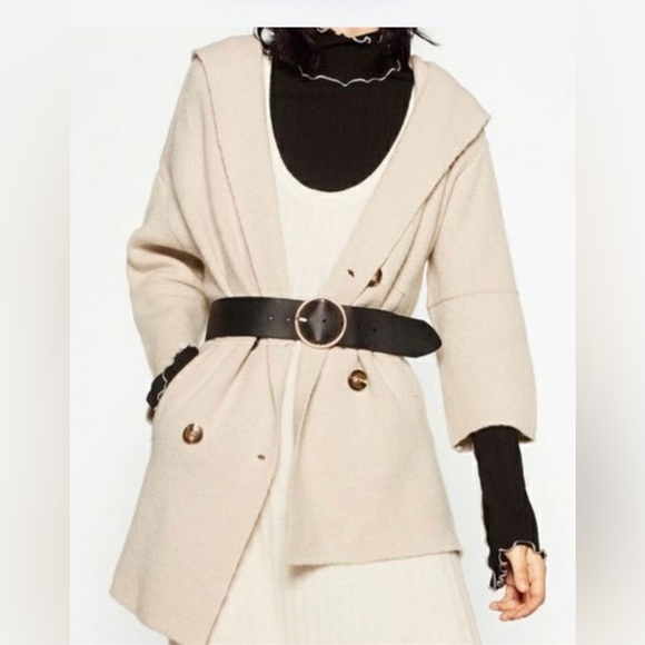 Zara Knit Double Breasted Hooded Cardigan beige M - Picture 2 of 9